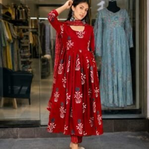 Red Anarkali 3 Pcs Set