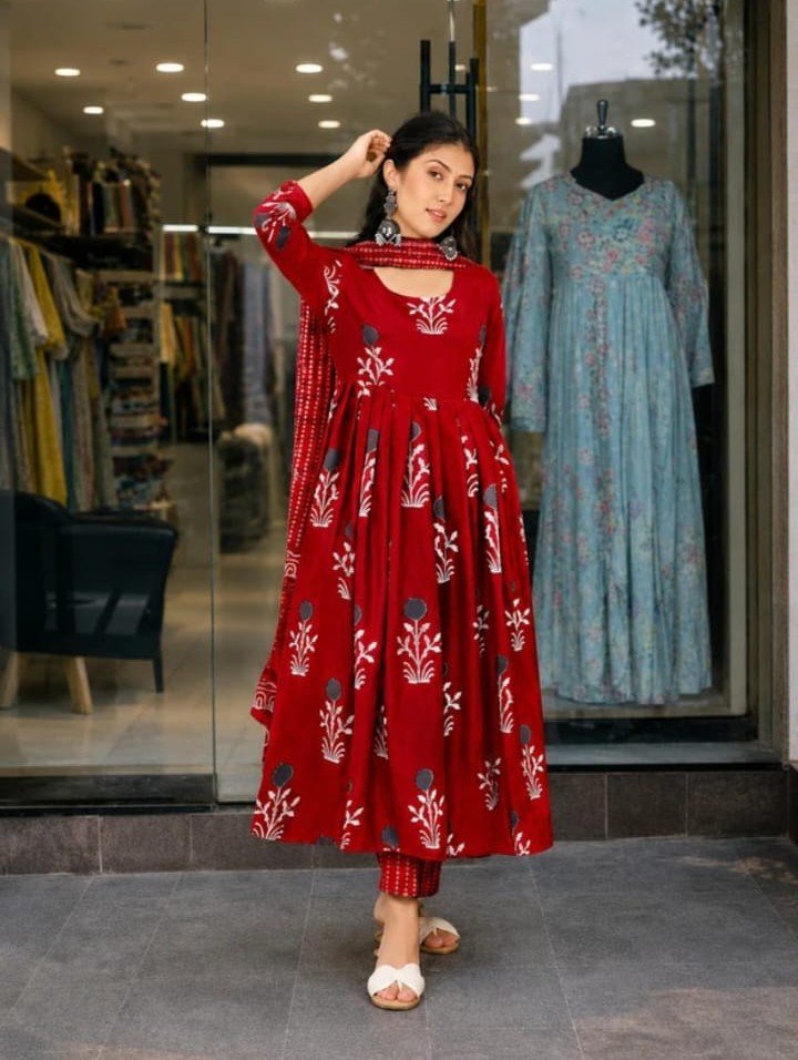 Red Anarkali 3 Pcs Set